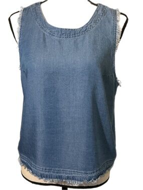 Thread & Supply L Denim Sleeveless Fringe Tank Top - Blue 100% Tencel